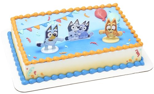 DecoSet® Bluey Dance Mode Cake Toppers, 3 Piece Cake Decoration With Bluey And Bingo Figurines and Muffin & Socks Poly Pic, For Birthday, Parties, Celebration