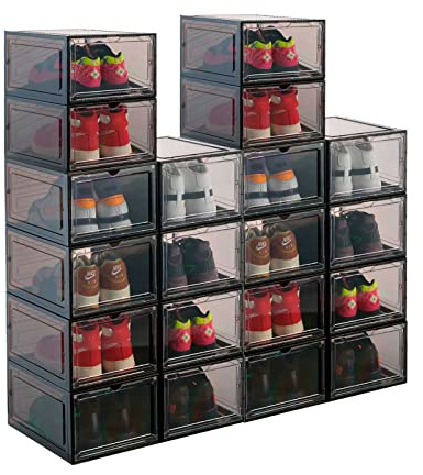 PAIDE P Schuhboxen organizer 20er Pack. Transparent Schuhaufbewahrung für Sneakers und Turnschuhe. Schuhe Schrank für die Aufbewahrung. Schuhschubladen. Sneaker-Austeller. (20Stk Schwarz)