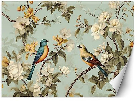 Feeby Papier Peint Intissé Vintage Rétro 400x280 cm bleu XXL Moderne Décoration Murale Tableaux Muraux Tapisserie Salon Chambre à coucher Shabby Chic Oiseaux Fleurs