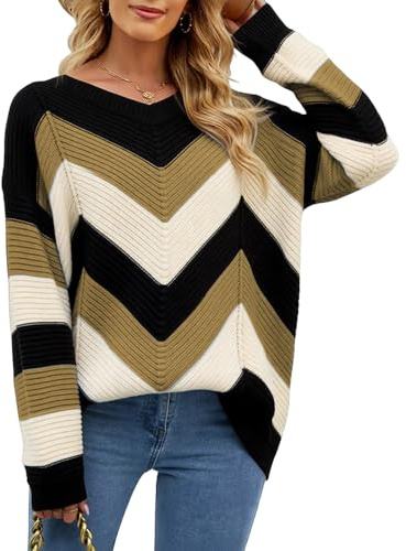 NLAND Maglione Oversize Donna Invernale Colletto Pannello Righe Rotondo Maglia Caldo a Manica Lunga Pullover Casual a Blocchi di Colore