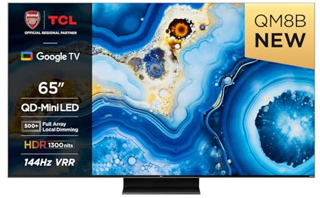 TCL 65QM8B 65-inch QLED Mini LED TV, 4K HDR Premium 1300nits, Smart TV Powered by Google TV (Dolby Vision & Atmos, Onkyo 2.0 sound system, 144Hz Motion Clarity Pro, Hands-Free Voice Control)