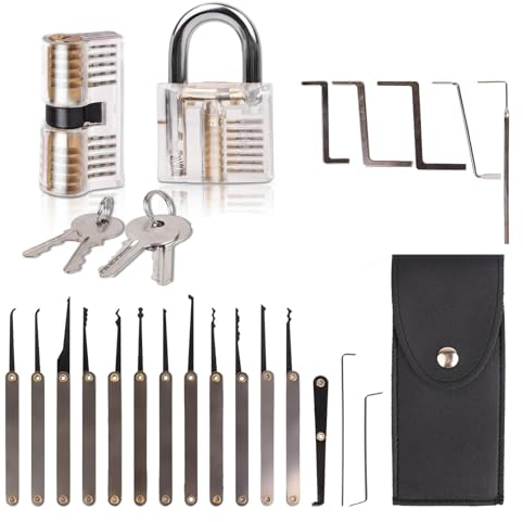 Lock Picking Set, 25-teiliges Dietrich-Set mit 2 transparenten Trainingsschlössern und Handbuch und Reißverschlusstasche für Lockpicking, tragbares Lockpicking-Werkzeug-Set (Ledertasche-Schwarz)