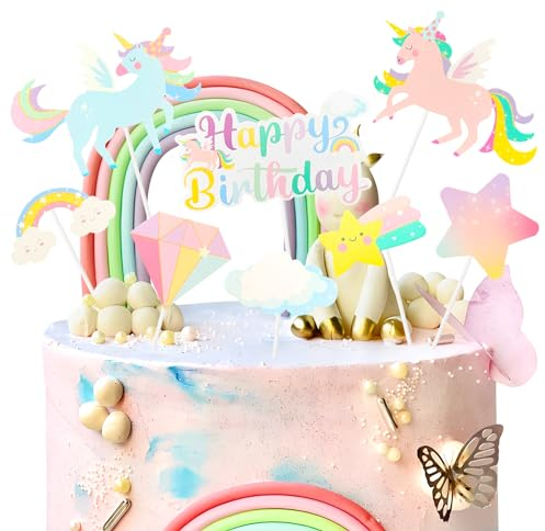 Teselife Unicorn 8-Piece Cake Topper Set - Unicorn, Rainbow, Cloud, Star & Diamond Toppers for Birthday Parties & More