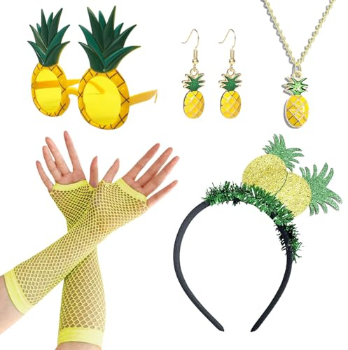 XNIVUIS Juego de disfraz de piña, juego de disfraz hawaiano, corona de piña, gafas de piña, aretes de piña, collar de piña, guantes de red, sombreros hawaianos, fiesta de piña
