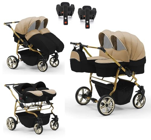 Zwillingskinderwagen 5 in 1 Duet Lux Goldedition inkl. Autositze und Iso Bases - 14 Teile - in 20 Farben