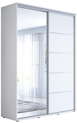 Meble Slupia - Garderobenschrank - Kleiderschrank mit Spiegel und Schiebetüren - B 200 x H 242 x T 61 cm - Kleider Schrank Schlafzimmer - mit Kleiderstange - Maja ALU Weiß