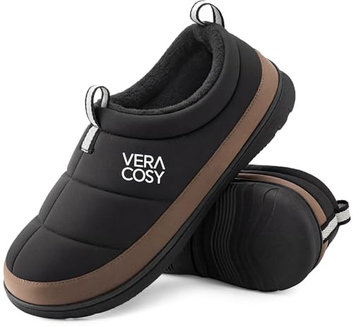 VeraCosy Men's Quilted Slippers House Shoes with Elastic Gore Anti Skid Outsole for Indoor Outdoor Black,10-11 UK