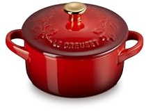 Le Creuset Stoneware Holly Collection Mini Round Cocotte, 8 Oz, Cerise with Gold Knob