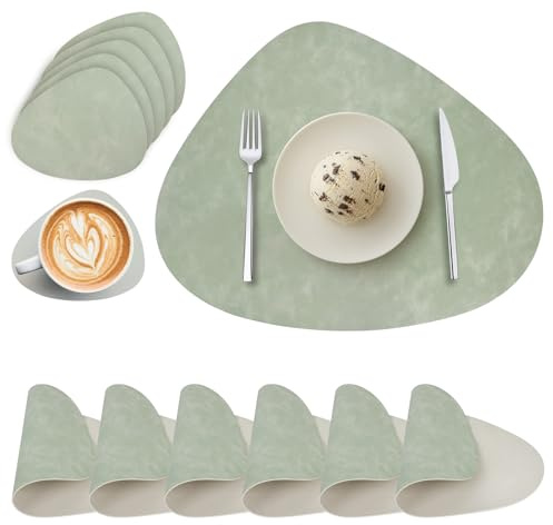 Lot de 6 Sets de Table et Dessous de Verre Ronds en Cuir PU - Double Face, Imperméables, Lavables, Antidérapants, Résistants à la Chaleur (Vert, Blanc, Ivoire)
