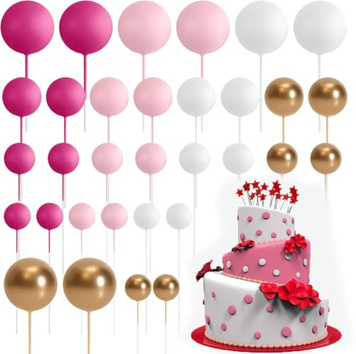 32 Pcs Mini Foam Balloon Cupcake & Cake Toppers (Pink White Gold) | Light foam balloon decorations, perfect for cake ball and party cupcake decor