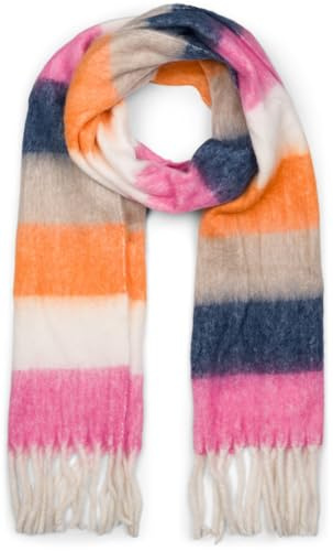 styleBREAKER Bufanda de punto tejida para mujer con anchas rayas de colores y gruesos flecos - Cálida bufanda de invierno, multicolor 01017160, color:Rosa-Blanco-Naranja-Taupe-Azul Oscuro