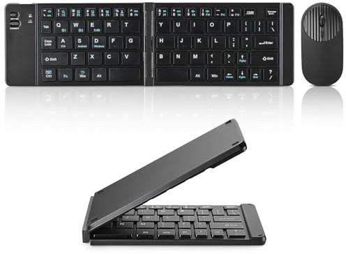 Mini clavier et souris Bluetooth rechargeable et pliable, portable (synchronisation jusqu'à 3 appareils), clavier de voyage pliable ultra fin pour iPhone, iPad, Mac, Android, Windows, iOS (noir)