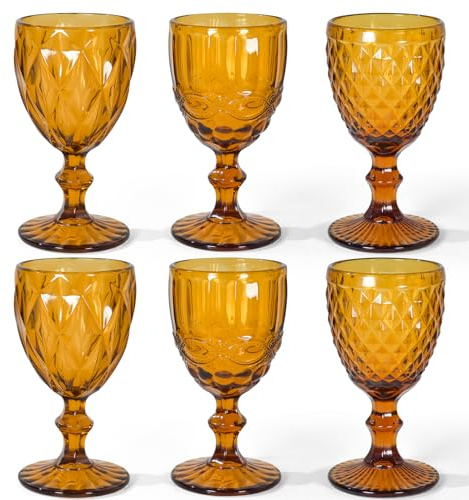 CHLJAR Vintage Wine Glasses Set of 6, 12 OZ Colored Glass Water Goblets, Embossed Floral Decorative Crystal Glass Cups Set, Dishwasher Safe, for Wedding, Party, Red Wine Glass, Bars, Restaurants