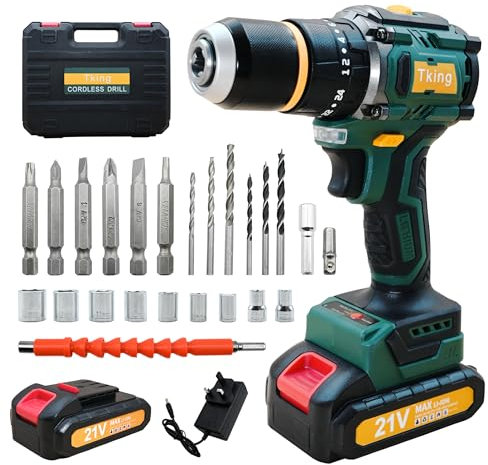 Tking Cordless Drill Driver Impact Tool Set 2X Batteries Charger Power Drills 21V Combi Drill Handheld Electric Screwdriver Kit LED Dual-Speed 45Nm Torque 25pc Bits Case (Cordless Drill/Green)