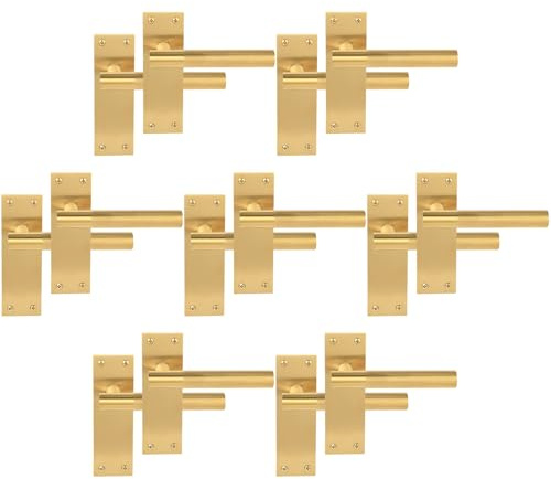 HANDLEZONE® 7 Pairs of Levada Grip Satin Brass Designer Lever Latch Door Handle Set on Long Flat Backplate, for Internal Doors