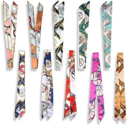 YAPKOLV 10 PCS Hochwertiges Seidenimitat Seidenschal/Seidentuch für Damen, Vielseitig Kombinierbar, Verschiedene Designs, als Accessoire (80 × 4 cm) (Farbigen)