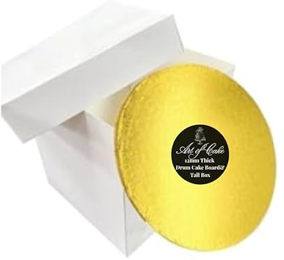 Art of Cake® 14 Inch Round Gold Cake Drum Board & Tall Box Combo - 14 x 14 x 12 Inch Square Box and Matching Circle Set - For Tiered Decorated Transport Birthday Wedding Celebration Cakes (356mm)