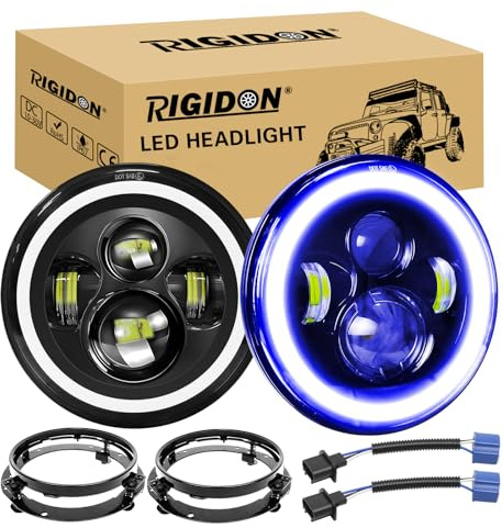 RIGIDON 2 st. 7-tums runda LED-strålkastare med monteringsfäste, blå halo-blinkers, vit DRL, helljus/halvljus, 50W vinkelögon, kompatibel med Jeep Wrangler JK LJ CJ TJ motorcykel