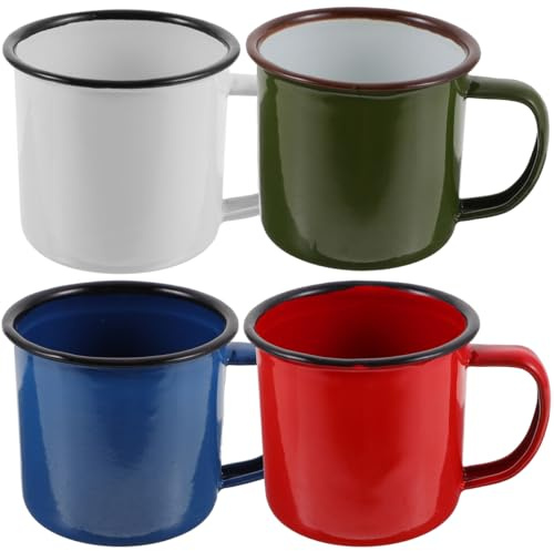 EXHUMKY 4Er Set Emaille Becher 5.07Oz Kleine Vintage Trinkbecher Mit Griffen Für Camping Grillen Haushalt Retro Stil Multifunktionale Email Tassen