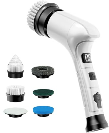 Electric Spin Scrubber, Cordless Household Cleaning Brush with 6 Replaceable Heads, 3 Speeds, LED Display, Lightweight Handheld Power Scrubber for Cleaning Stove/Bowl/Sink/Corner/Tile/Grout