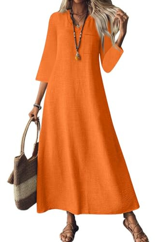 VLOYSR Dresses for Women UK V Neck 3/4 Sleeve Breathable Boho Maxi Dress Solid Color Loose Cotton Linen Flowy Autumn Vacation Plus Sizes Maxi Dresses for Women UK