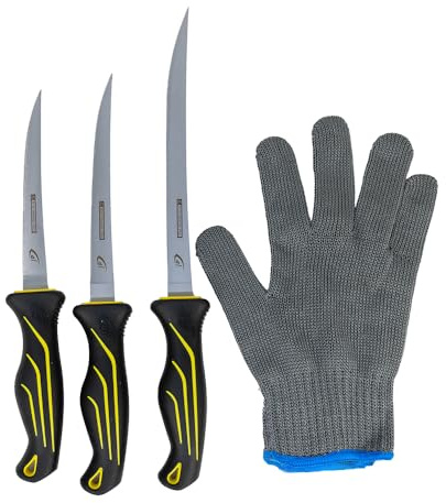 danco 5-Piece Fillet Knife Kit with Roll Bag and Cut-Resistant Glove – 6, 7, 9 Stainless Steel Fishing Knives for Filleting, Boning, and Cleaning Fish