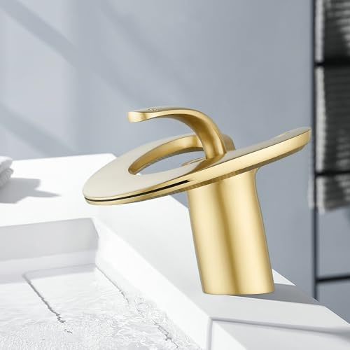 Wasserhahn Bad Wasserfall Gold Gebürstetes Wasserfall Waschtischarmatur Messing Waschbecken Einhebel Heiß und Kaltmischer Mischbatterie für Badezimmer