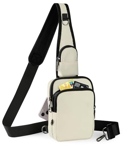 Tibroni Anti-stöld axelväska bröst crossbody bag bröstväska män kvinnor axelväska vattentät sling-bag väska liten handväska med dragkedja lås och RFID-blockering, Beige, S, Enkelhet
