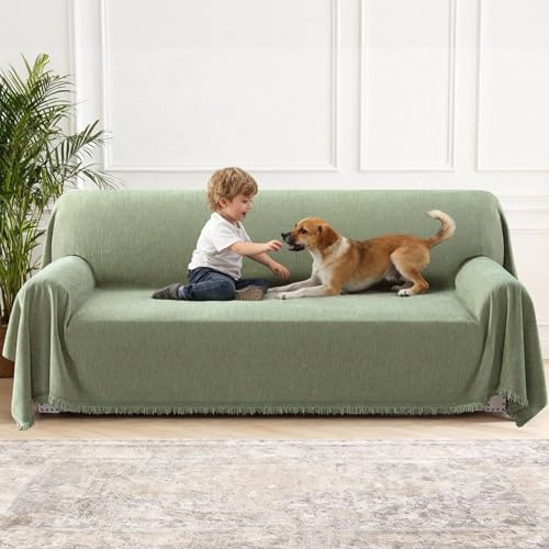 H.Versailtex Chenille Couch Cover Sofa Covers 2 3 4 Seater, Waterproof Sofa Covers for Pet Friendly, Soft Couch Covers for Dogs, Breathable, All-season Universal, 180 x 300 cm, Green