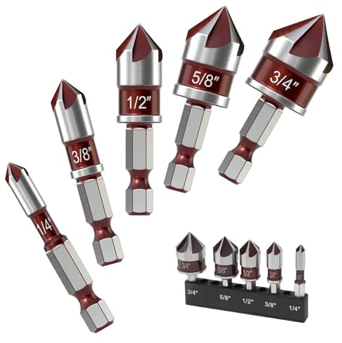 Set di 5 punte per svasatura, 5 prati a spirale, cambio rapido da 1/4 (esagonale), acciaio HSS ad alte prestazioni, angolo di 82 gradi, dimensioni da 1/4 a 3/4 – adatto per plastiche