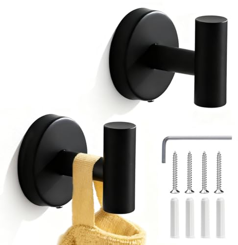 Drenky 2 Pack Bathroom Towel Hooks for Hanging Heavy Duty Matte Black Wall Hooks Screw in 304 Stainless Steel Metal Door Hook for Towel, Coat, Robe, Clothes