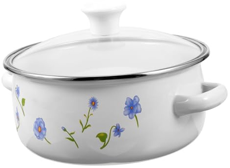 INOOMP Vintage Enamel Cooking Pot Double-Handle Stew Pot with Lid Acid-Alkali Resistant Kitchen Soup Cooker Even Heat Distribution Comfortable Grip Easy to Clean for Household Use