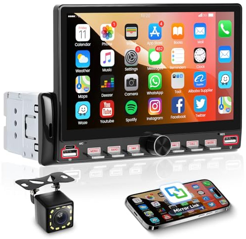 Hodozzy Radio Coche 1 DIN con Bluetooth, Pantalla Táctil 7 Pulgadas Reproductor MP5 con Airplay, Radio FM, Compartir Vídeo, EQ, Tipo C/USB, Control del Volante y Botón de 7 Colores, + Cámara Trasera