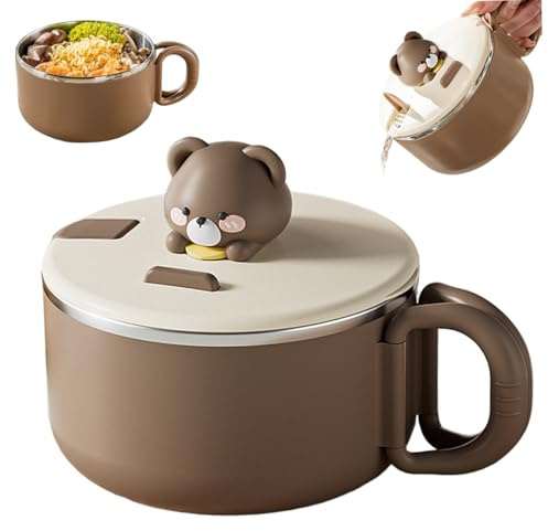 Comebachome Ramen-skål med lock 1 200 ml snabbnudelskål med handtag bärbar söt ramen-spis för soppa, nudlar, dumplings, sallader, brun, zuhause gebrauch