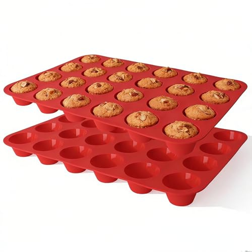 Ruinovate Silicone Muffin Pans for Baking Nonstick 2 Pcs, 24 Cup Mini Cupcake Pan, Food-Grade Silicone Baking Molds for Cupcakes, Freezer, Red