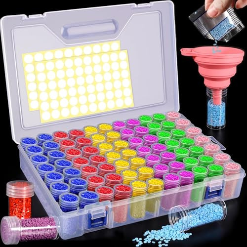 NCKIHRKK 80 scatole per diamond painting, accessori per pittura con diamanti 5D, con imbuti rosa e adesivi, scatole di smistamento per piccoli pezzi