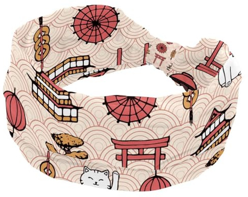Wide Womens Headbands Traditional Japanese Cat Temple Umbrella Elements Elastic Hairband Non-Slip Headband Sweatband Yoga Head Band for Workout, Gym, Running, Fitness, Sport