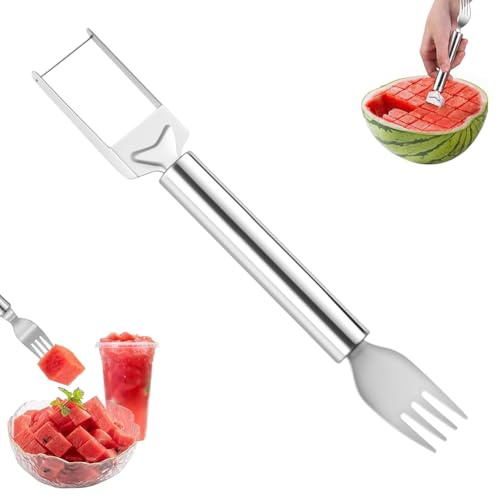 2-in-1 Stainless Steel Fruit Cutter, Watermelon Fork Slicer Tool, Watermelon Slicer and Fork, Dual Head Knife with Round Handle for Kitchen Fruit Cubes (1 Piece)