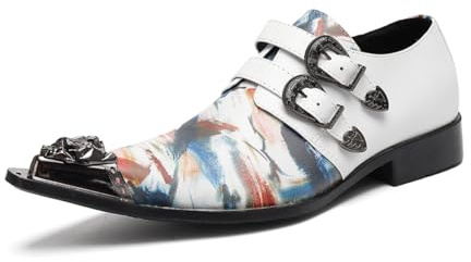 Yhsdfcn Handgjorda Lyxloafers för Herrar - Vit med Abstrakt Konstnärligt Mönster - Eleganta Dubbla Monkstrap-skor för Bröllop och Fest,White,43 EU