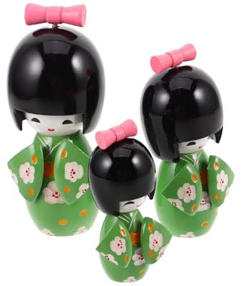 NIYANGLE Muñecas Japonesas Kokeshi de Madera Tradicionales, Set de 3 Piezas Kimono Verde y Detalles de Flores de Ciruelo, Decoraciones de Mesa para Hogar y Oficina, Figuras