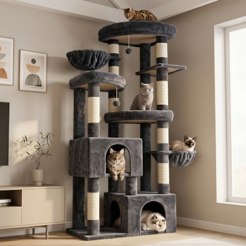Hey-brother 171 cm Kratzbaum für große Katzen, Mehrkatzen tauglich, MPJ084G | Stabiler Kratzbaum mit 3 Plattformen, 2 Großen Höhlen, 2 gemütlichen Katzenwohnungen und 2 baumelnden Plüschbällen, Rauchgrau
