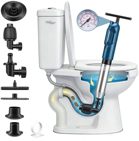 Desatascador Tuberias,Desatascador Tuberias Profesional con Barómetro Visual, 4 boquillas Reemplazables para Fregadero para Lavabo, WC y ducha（Azul)