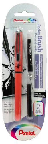 Pentel XGFKPF/FP10 Pocket Brush Blister-Pack Pinselstift mit 2 Patronen, Gehäuse orange, Tinte schwarz
