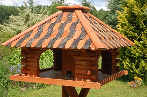 Vogelhaus Futterhaus Futterhäuschen Vogelvilla mit Holzschindeldach in versch. Farben und Solarbeleuchtung, wahlweise mit oder ohne Vogelhausständer V20, Farbe|Größe:Braun/Schwarz|ohne Ständer