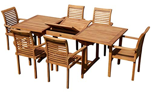 ALEOS. Teak Set: Gartengarnitur SABA Ausziehtisch 150-210 cm x 90 cm + 6 Alpen Sessel Serie JAV