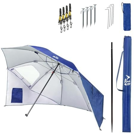 Amiaire Sombrilla Playa Grande 240 cm Antiviento – Refugio 3 en 1 con Paredes, Ventanas y Bolsillos | Protección UV50+ 97%, Impermeable, 8 Piquetas y 4 Tensores, Bolsa (Azul)