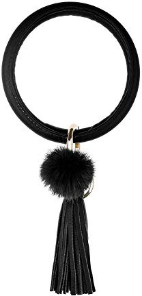 Amorar Frauen Mädchen Armband mit Fransen Handgelenk Schlüsselbund Großer Kreis PU Leder Anti-Lost-Anhänger Schlüsselanhänger Hairball Armbandschlüssel Armreif Schlüsselring Schwarz