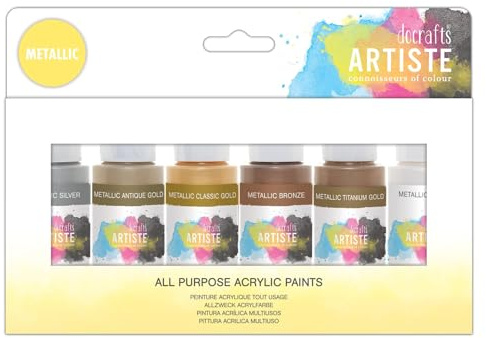 Artiste Acrylic Paint Set Pack of 6X 59ml 2oz -Metallic Colours, Quick-Drying Professional Art and Hobby Craft Artists Paint, Water-Based Paints Cover All Surfaces with Ease, Ideal for Travel Artists