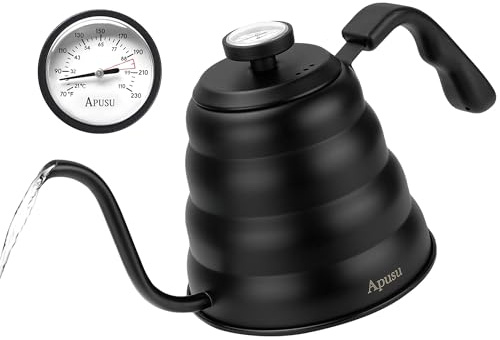 Tea Kettle with Thermometer Pot Black Stovetop Tea Kettle 40oz Gooseneck Kettle Teapot Pour Over Coffee Kettle with Thermometer,1200ml,5 Cup,Black,1Pack