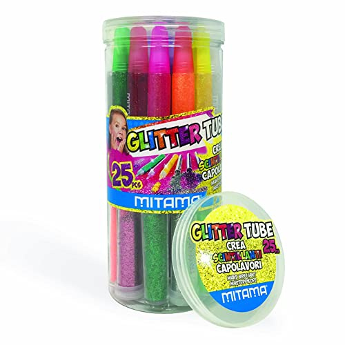 MITAMA - Glitter Tube - Maxi Contenuto da 25 pezzi - 12 Colle Glitter + 11 Polverine Glitter + 2 Colle Liquide - Applicabili su Carta, Tessuti, Slime - Giochi Creativi Bambini - Colle Glitter